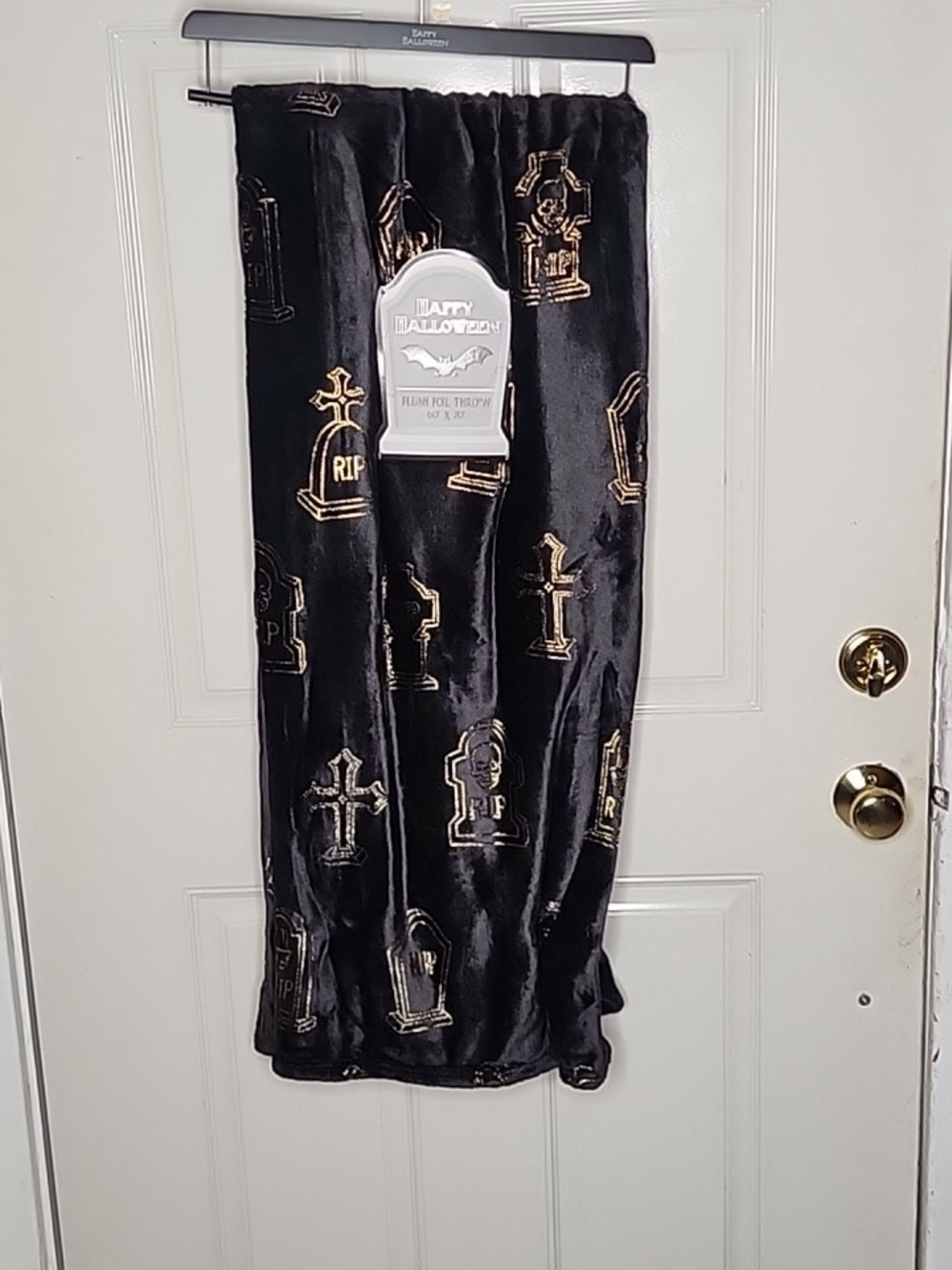 Halloween Black Plush Throw Blanket Gold Foil Tombstones And Crosses